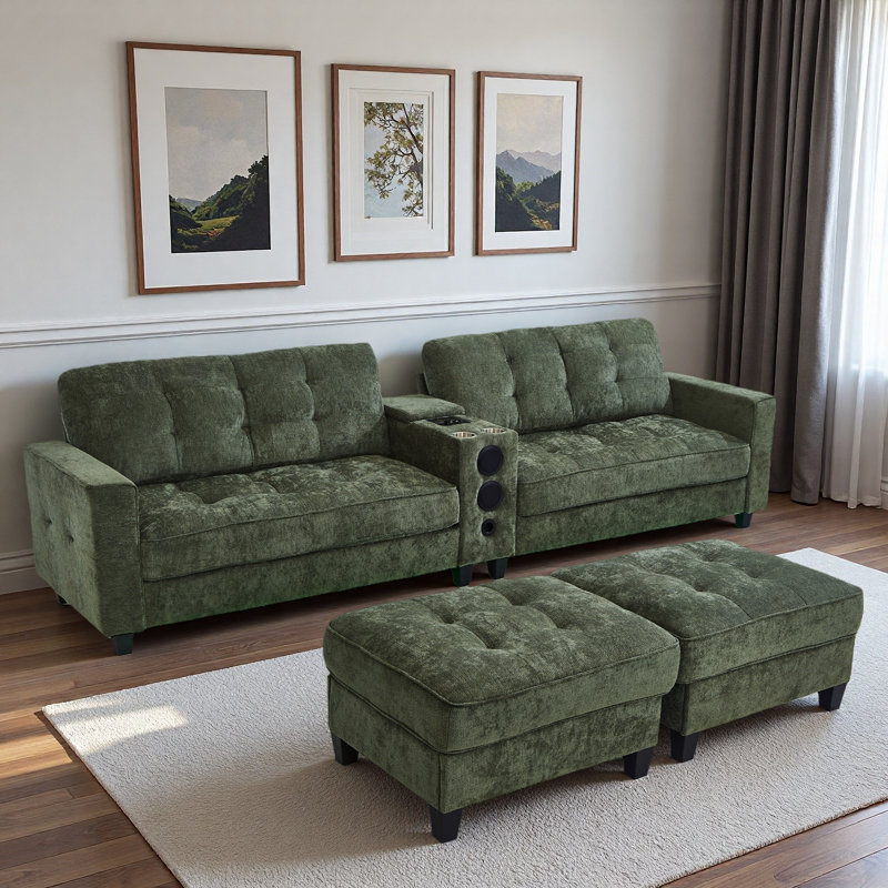 Modern U-shaped Sectional With Movable Storage Ottomans, Multifunctional Console, Bluetooth Speakers And Led Lights