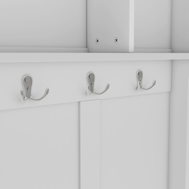 Modern White Hall Tree With 6 Metal Hooks - 3 Top Dividers & Shoe Storage For Entryway, White