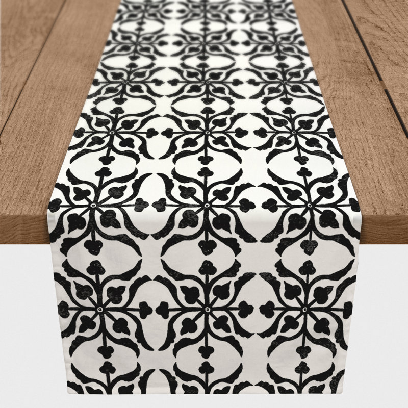 Aleksis Rectangle Damask Polyester Table Runner, 72" x 16", Black