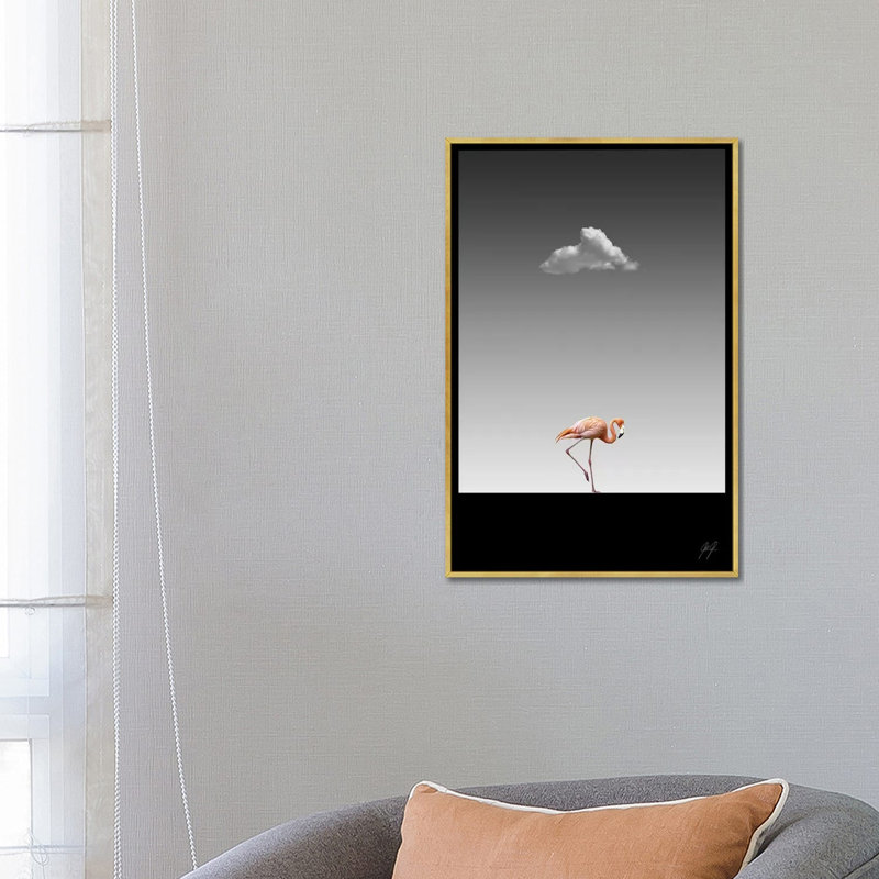 Impression d’art graphique Flamingo Catwalk II par Kathrin Federer, H 26 po x l 18 po x 1,5 po, Toile encadrée d'or