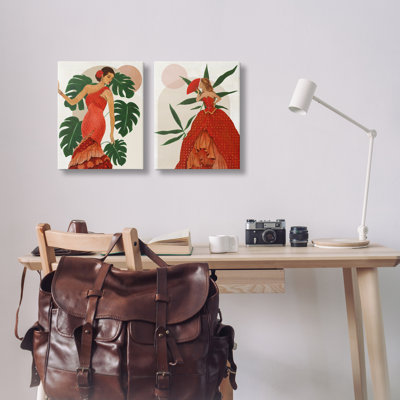  "Tropical Fashionistas in Red", ensemble de 2 toiles murales par Janet Tava