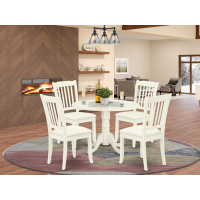 L'ensemble de salle à manger 5 pièces comprend une table de salle à manger ronde avec Dropleaf et 4 chaises en tissu de lin, blanc lin