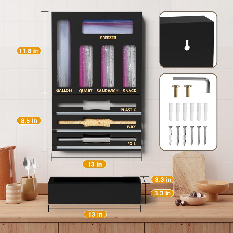 Organisateur de tiroir de sac de rangement en bambou 9 IN1 avec coupe, distributeur de papier d'aluminium et plastique