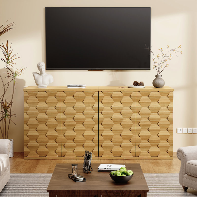 Sideboard Buffet Cabinet With Storage, Modern Fluted Accent Credenzas Cabinet With Unique 3-dimensional Craft, 31.5" Coffee Bar Console Table For Entryway, Kitchen, Dining Room, Natural