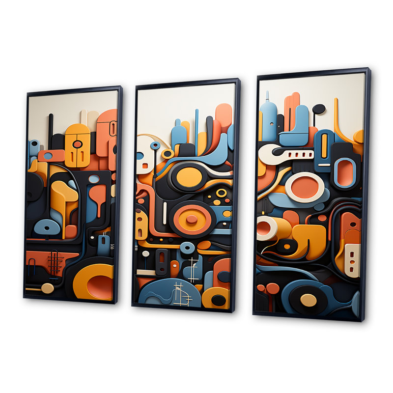 Fusion abstraite bleue et jaune, formes abstraites - Art mural abstrait, Cadre flottant noir, H 28 po x l 36 po x P 1 po