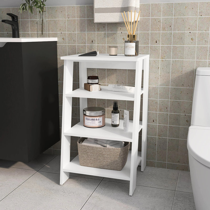 Charming White Bathroom Storage Shelf With 4 Shelves For Items Freestanding Efficient Setup Feature