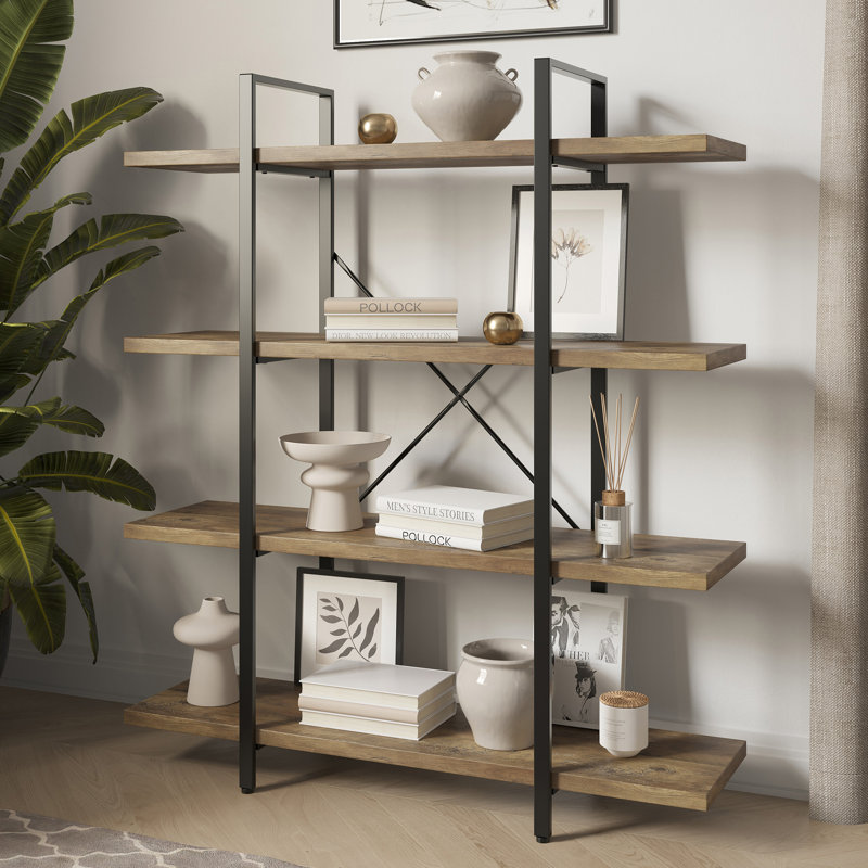 Metal  Etagere Bookcase, Rustic Oak, (4 Shelves) 54.9" H x 41.3" W x 12.5" D