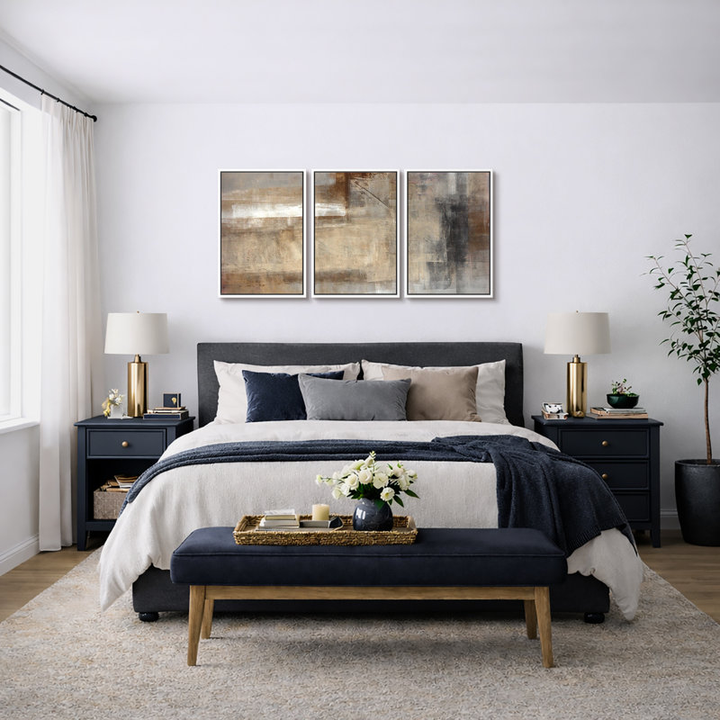 Grunge Abstract Paint Stroke Effect "Neutral Tan Brown Artwork, Rustic Living Room Wall Pictures, Large Framed Canvas Giclee Print 3 Pieces Wall Art Set" 16"x24"x3 pcs, 24"x36"x3 pcs