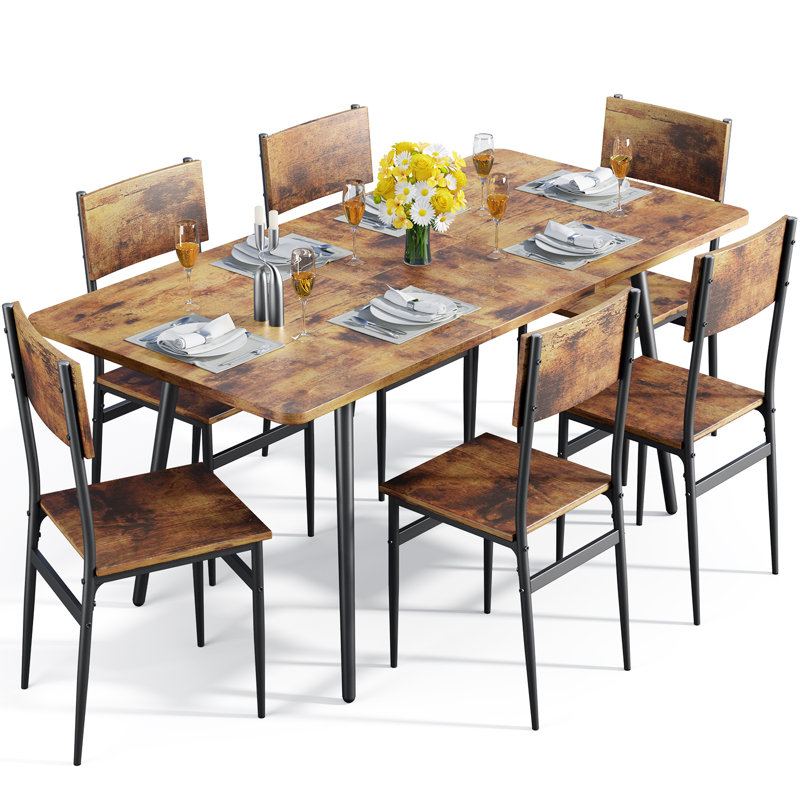 Deyton Modern 7-Piece Rectangular Expandable Dining Set with Wood Chairs, 63'' Table, Retro
