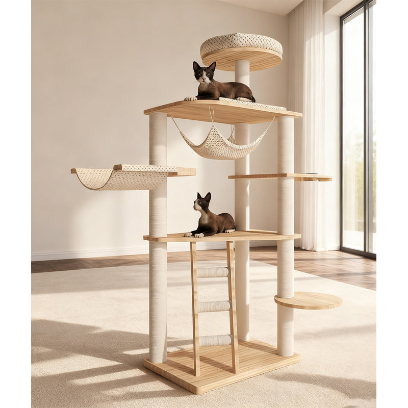 61-inch beige multi-layer solid rubberwood cat climbing frame