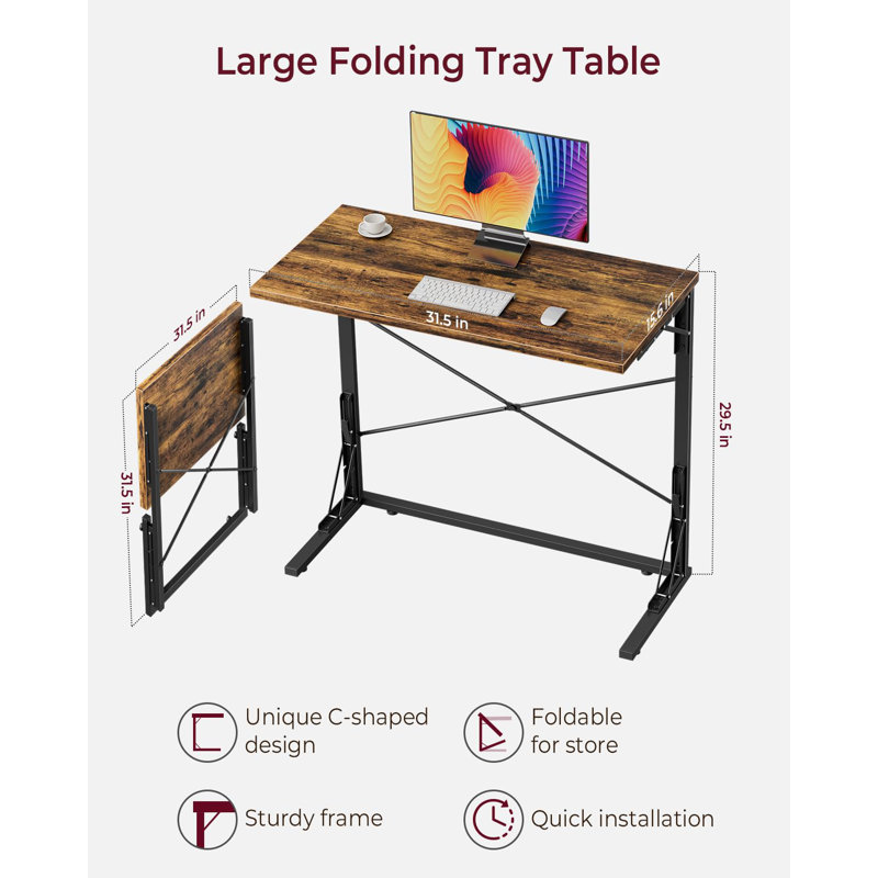 31.5" Folding Desk, Foldable TV Tray Table For Eating On Couch, Extra Large TV Dinner Trays, Portable Fold Computer Writing Desk Table For Home Office, Rustic Brown