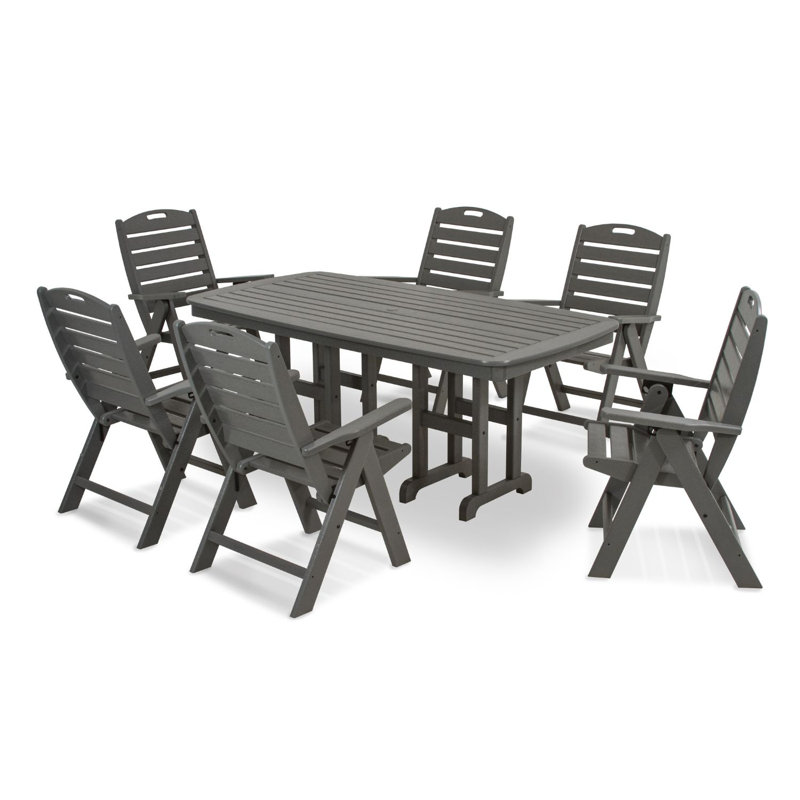 POLYWOOD Nautical Folding Highback Chair 7-Piece Dining Set, Slate Gray