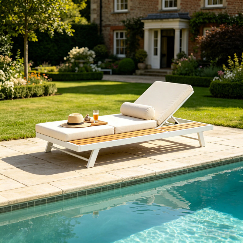 Ensemble de chaises longues en fer blanc et teck avec coussin crème, capacité de 400 lb, coussin de 3 po d'épaisseur résistant à l'eau, dossier réglable avec surface de rangement plate pour patio