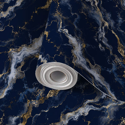 Papier peint adhésif auto-adhésif et amovible, luxueux, bleu marine, or et marbre, abstrait, 24 po x 118 po (60 x 300 cm)