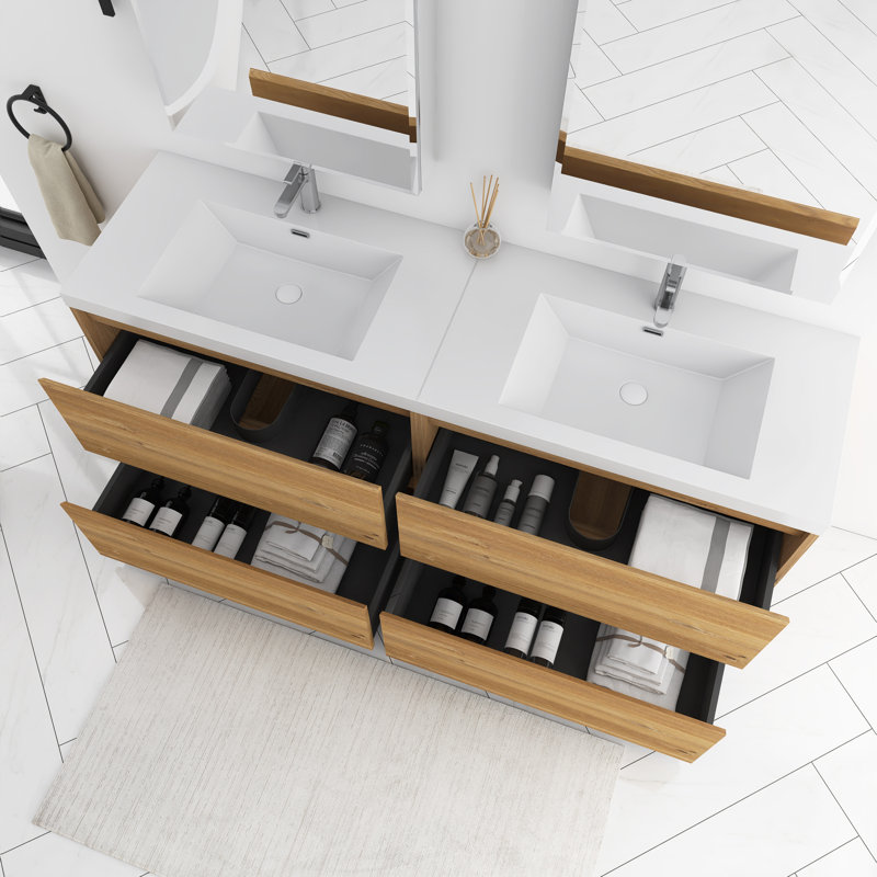 Meuble-lavabo double autoportant 72 po avec plateau en résine intégré 72 po, Chêne naturel
