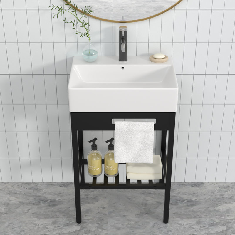 24" L x 17'' W Freestanding Console Bathroom Sink with Ceramic Basin, Black Stainless Steel Stand, Open Storage Shelf, Towel Bar, Overflow and Single Faucet Hole
