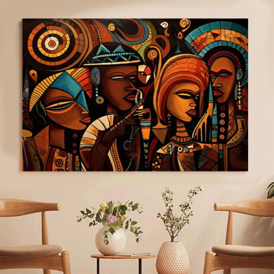 1Pc Framed Canvas Poster Print African Women Ensemble, Geometric Totem Headdress, Primitive Art Style Wall Art, Wall Decor, Perfect for Room Decor Living Room Bedroom Office Kitchen Bathroom Home Decor, Rustic & Modern Ideal Home Wall Decoration