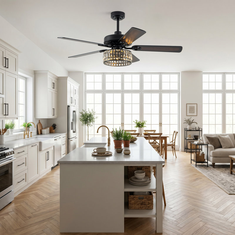 Ventilateur de plafond 52 "en cristal noir avec lumière et télécommande, ventilateur de plafond de luxe pour salon, chambre à coucher, salle à manger