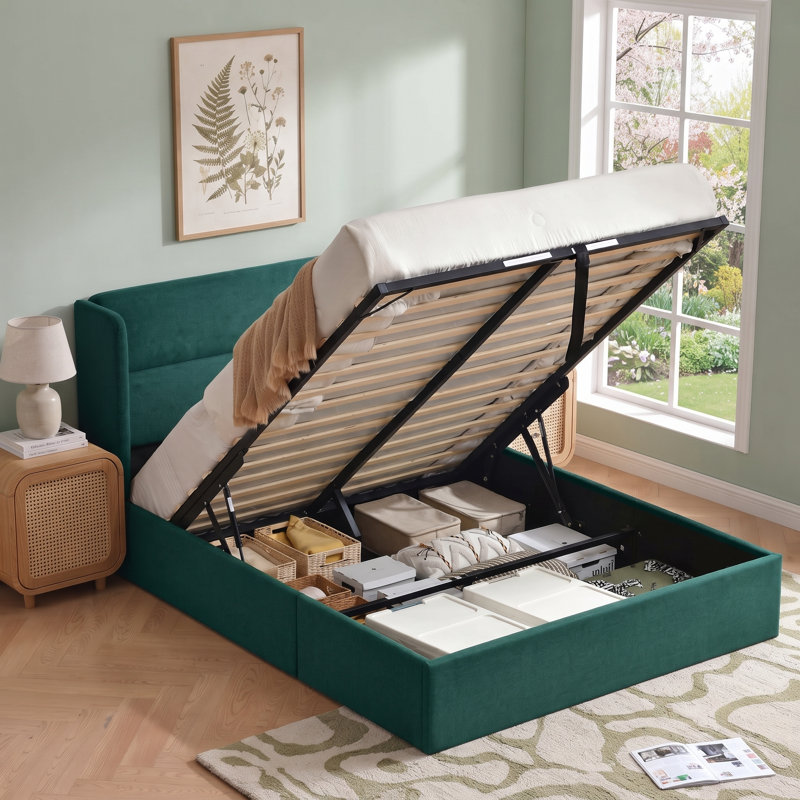 Structure de lit tapissier Annek avec rangement relevable, tête de lit à oreilles de H 40,9 po, lattes de bois et structure en métal, plusieurs tailles et options de tissu disponibles