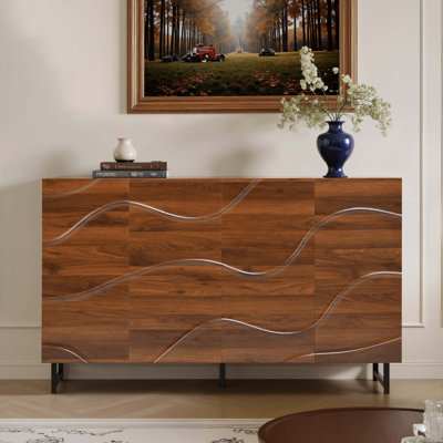 Unique Wave Relief Design Wooden Sideboard With Iron Legs For Multi-Scene Storage And Artistic Space Enhancement