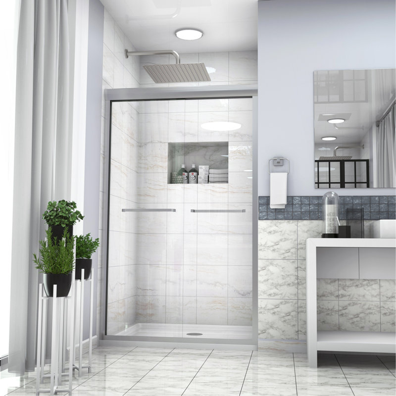 Shower Door 48" W Semi-Frameless Bypass Sliding Shower Enclosure, Nickel