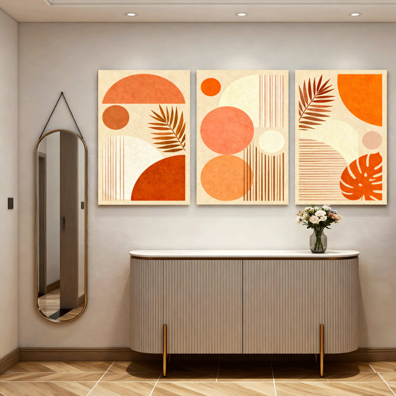 Abstrait géométrique et feuille tropicale tendue sur toile, impression de style bohème moderne (ensemble de 3)