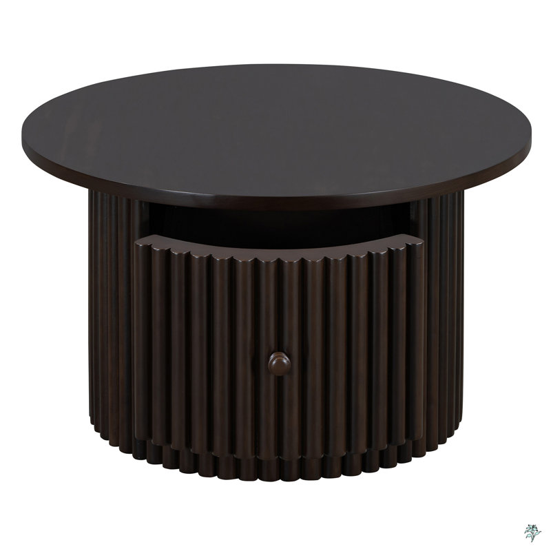 Round Coffee Table With A Drawer, Vertical Slat Base, Espresso