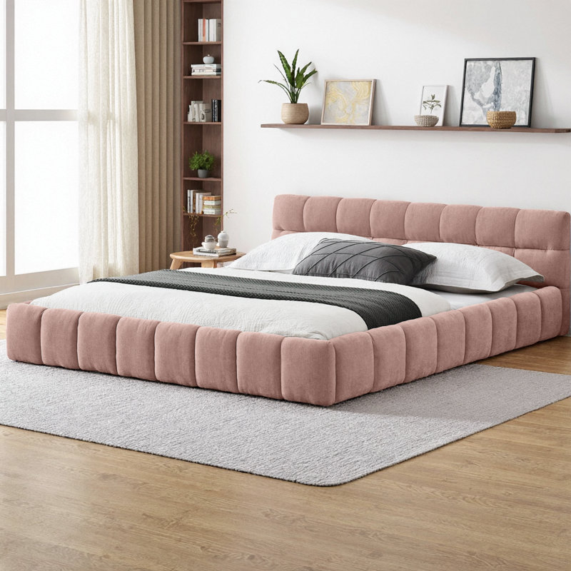 Base de lit tapissier avec tête de lit grand format, tête de lit en tissu de chenille épais, lattes de soutien en bois massif, centre de chambre moderne