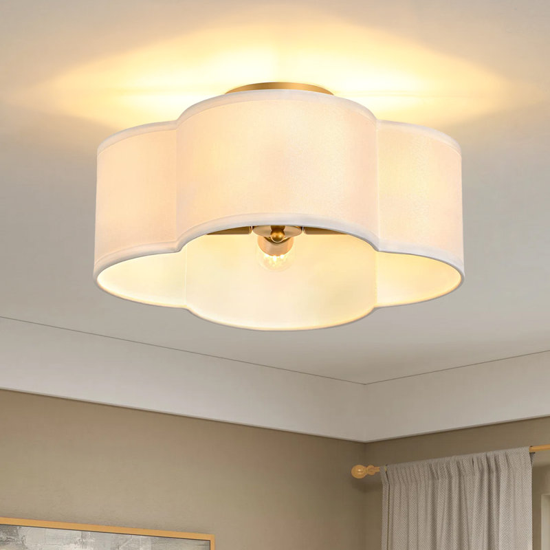 Gutherez Gold Semi Flush Mount Ceiling Light, 4-Light Ceiling Light Fixtures with Fabric Drum Shade in Flower Shape, 15 Inch Modern Light for Nursery Bedroom Kitchen Hallway