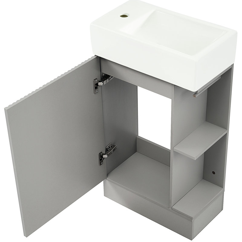 Meuble-lavabo de salle de bain avec lavabo en céramique, armoire grise 18,6 po et tablette harmonieuse, gauche / droite, Gris