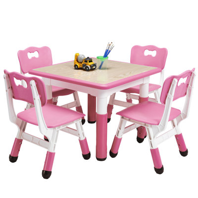 Kids Table and Chairs Set, 23.6'' Square Graffiti Desktop Plastic Children Art Table with Seat, Height Adjustable Toddler Table and Chair Set for Kids Ages 3-10, Pink