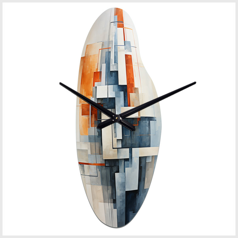 Walrath - Mid-Century Colorful Architectures I - horloge murale asymétrique moderne en métal, impression d'horloge en métal incurvée