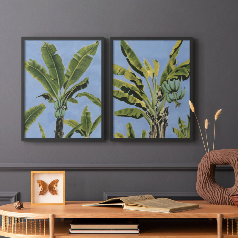 Reproduction encadrée de feuilles de bananier sur fond bleu I-Premium - prêt à être accroché - aucun clou requis - aucun clou requis