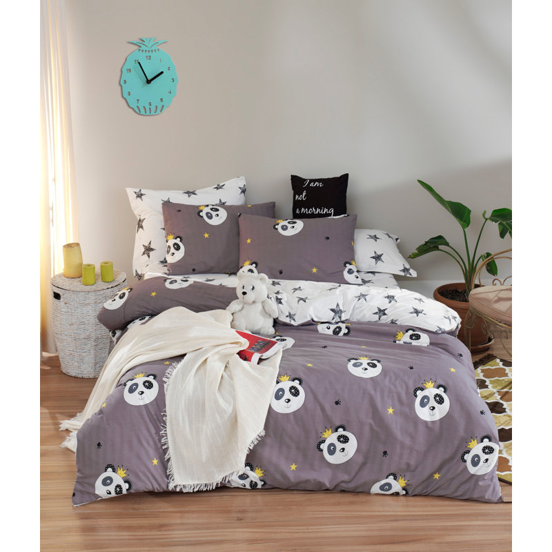 Ensemble de housse de couette 100% coton noir / blanc / gris Bobby, Housse de couette double TG + 2 taies d'oreiller s