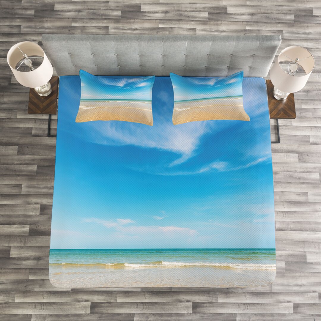 Gestepptes Bettdecken-Set, Tropic Himmel Meer Landschaft, Hawaii, Creme Blau