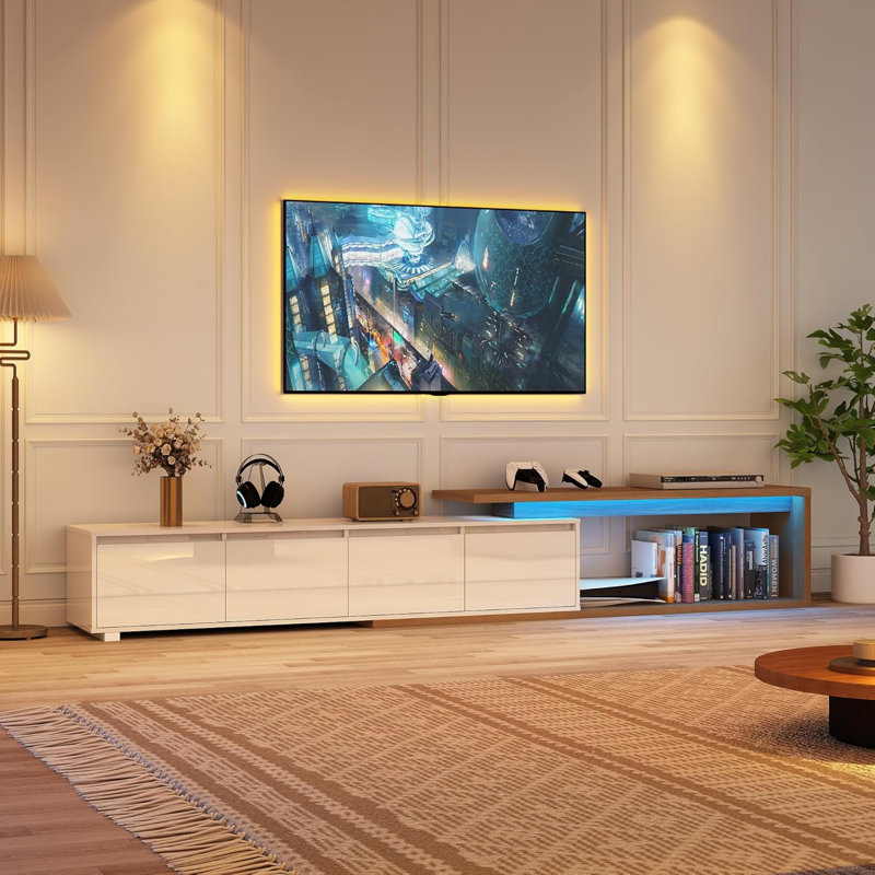 75"-110" Extendable TV Stand With LED Light With 2 Drawers And 2 Cabinets, White/Walnut