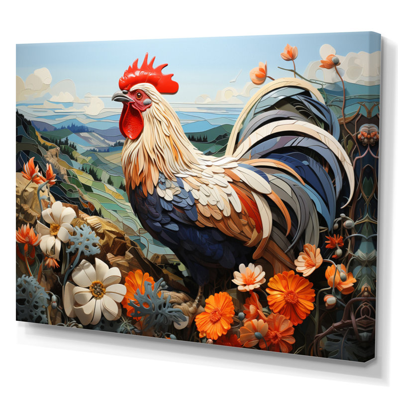 Portrait de coq avec des fleurs de montagne, H 30 po x l 40 po x P 1,5 po, Toile tendue