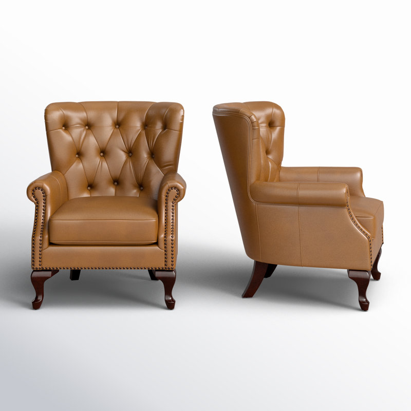 Ansumana 31.5" W Genuine Leather Wingback Club Chairs with Nailhead Trim, Camel