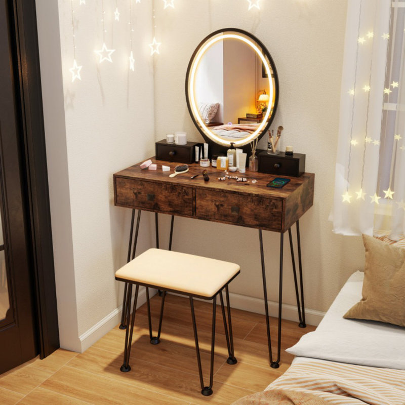 Vanity Desk with Mirror and Lights for Bedroom, Black/Brown