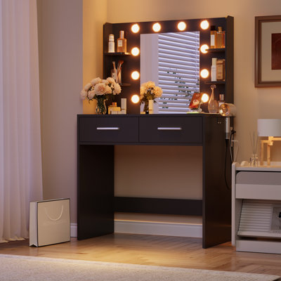31.5" Makeup Vanity With 3-color Led Mirror, Power Outlet, Hair Dryer Holder, 2 Drawers, Optional Stool by Ebern Designs