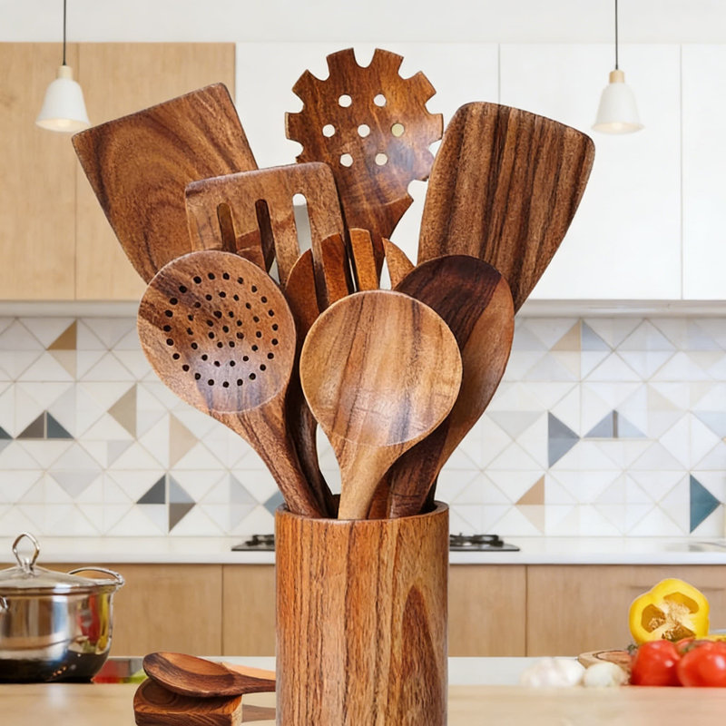 10-Piece Wooden Kitchen Utensil Set With Holder & Spoon Rest - Natural Wood Cooking Spoons, Spatulas, Pasta Server, Salad Fork, Skimmer For Non-Stick Cookware