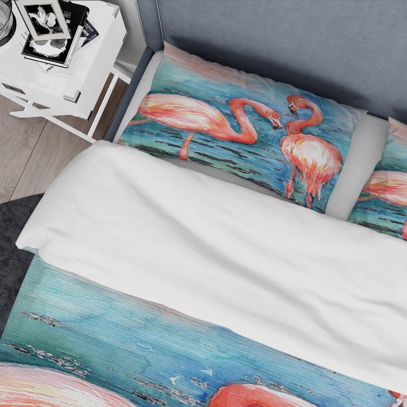 Flamants roses dans l'eau bleue I - Ensemble de housse de couette Farmhouse - Microfibre de polyester