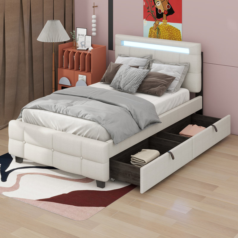 Lit plateforme simple avec cadre à DEL et 2 tiroirs, Beige