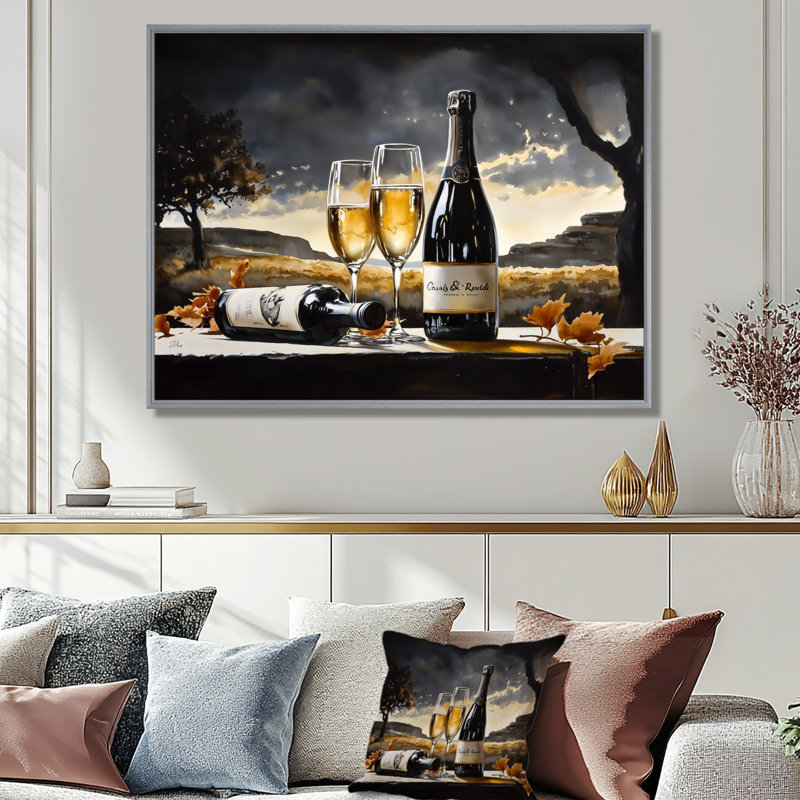 Reproduction d'art vin et champagne, H 16 po x l 32 po, Reproduction avec cadre flottant, Argent argent