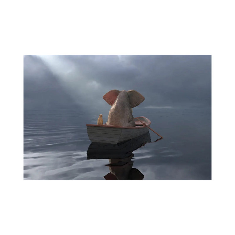 «An Elephant and a Dog Float in a Boat After the Rain» par Mike Kyiv - Reproduction de photo sur toile encadrée, Toile tendue