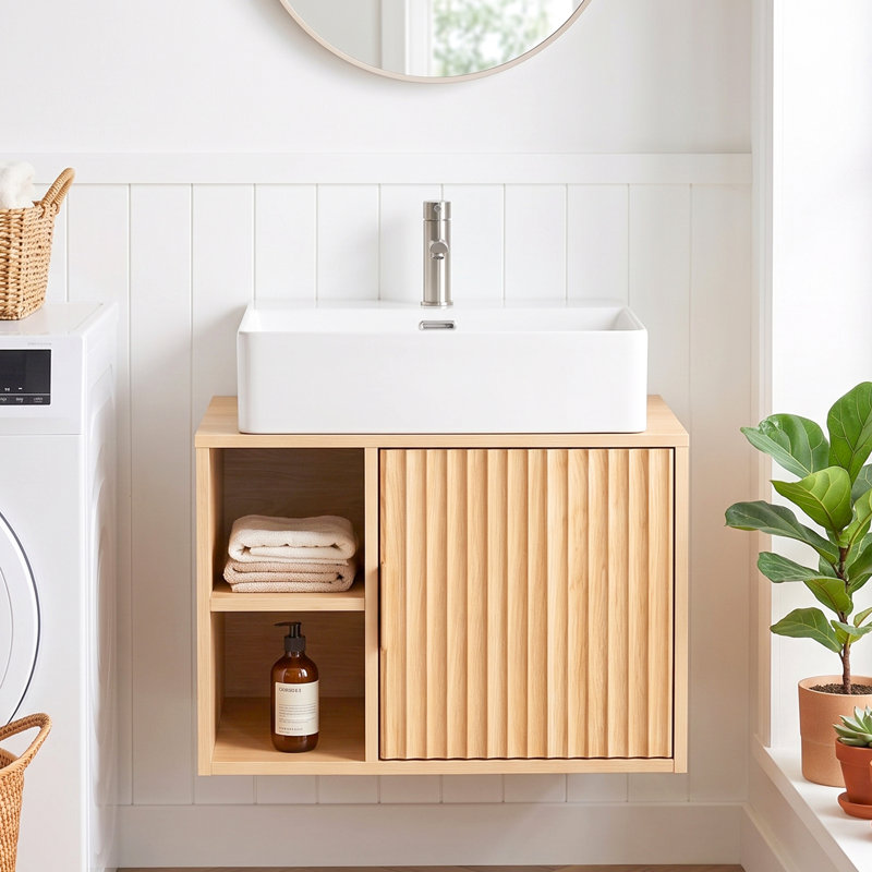 Meuble-lavabo mural 24 po en chêne avec lavabo en céramique à 1 porte, Chêne