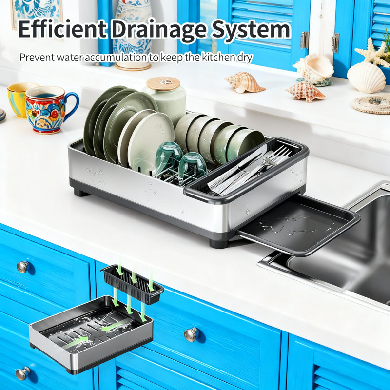 Égouttoir à vaisselle en acier inoxydable avec drainage automatique, organisateur de cuisine peu encombrant avec ustensiles et porte-gobelets pour comptoir