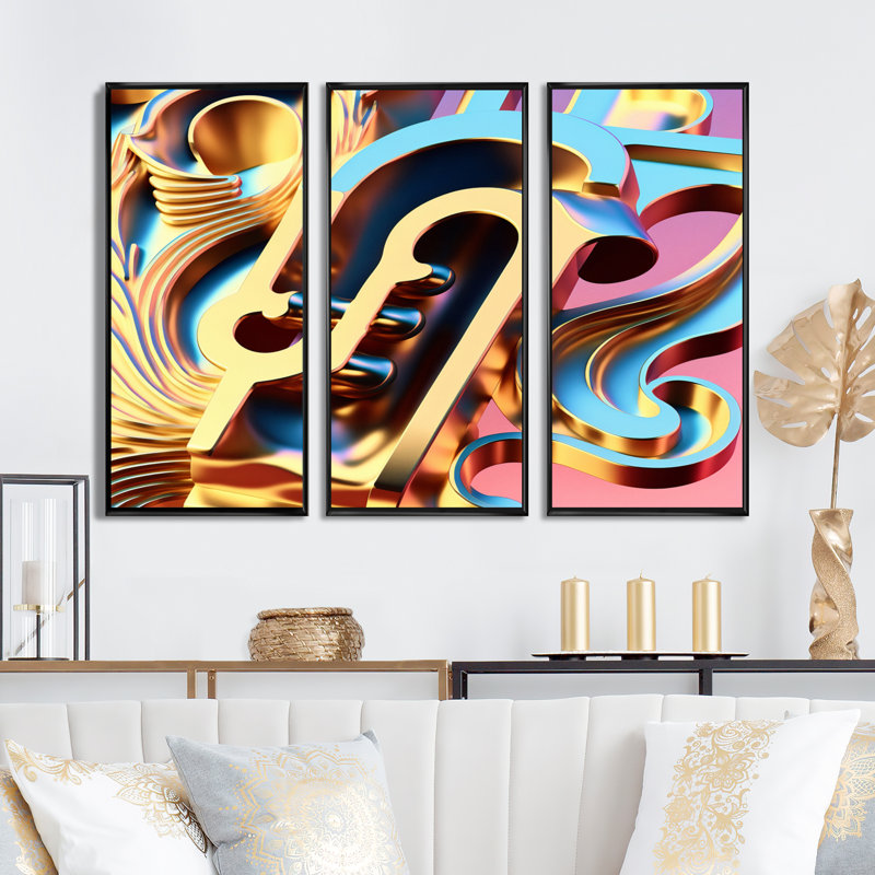 Pastel et musique abstraite dorée - 3 pièces, H 20 po x l 36 po x P 1 po, Cadre noir