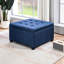 Bleu avec rangement à rabat. Style rétro pour les vestibules. Tissu doux, espace de rangement abondant, couvercle de siège à charnière sécuritaire. Des espaces de vie attrayants. Revêtement rembourré et spacieux, conception sécuritaire