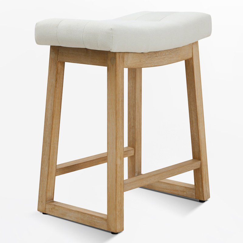 24" Upholstered Saddle Counter Height Bar Stool with Wood Frame for Kitchen Island, Ivory Linen/Wood